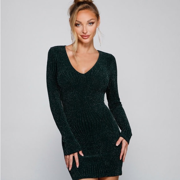 Windsor Glitzy Moment Glitter Knit Mini Dress Hunter Green nwt size Medium - Picture 1 of 7